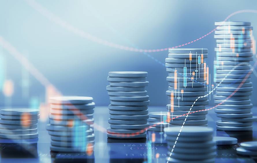 Illustration of stacked coins and rising charts representing financial forecasting and investment growth
